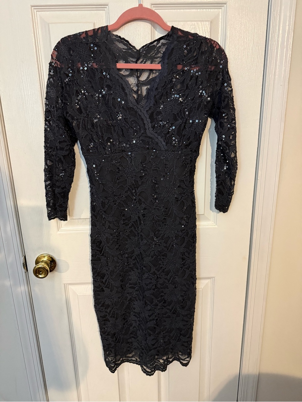 MARINA Black Lace Sequin V-Neck Long Sleeve Dress